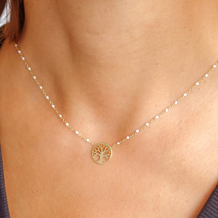 Collier Arbre de vie avec chaîne émaillée - Noir ou Blanc